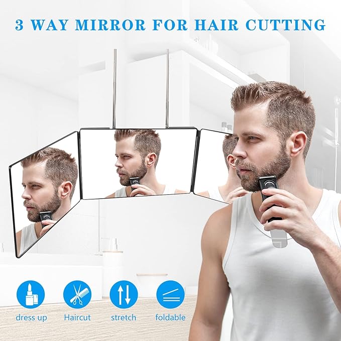 JANMPASK 3 Way Mirror for Self Hair Cutting Tools with Height Adjustable Mirror 360 Trifold for Makeup to See Back of Head (Black)