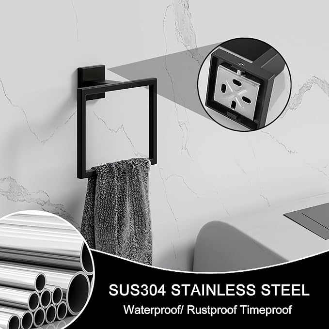 PAHSFS Matte Black Towel Ring - Modern Hand Towel Holder for Bathroom - SUS304 Stainless Steel Bathroom Towel Ring Wall Mounted - Bathroom Towel Rack - Black Towel Hanger
