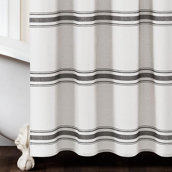Lush Decor Farmhouse Stripe Cotton Shower Curtain, 72" W x 72" L, Black - Striped Bathroom Curtain - Fabric Shower Curtains - Farmhouse Bathroom Decor