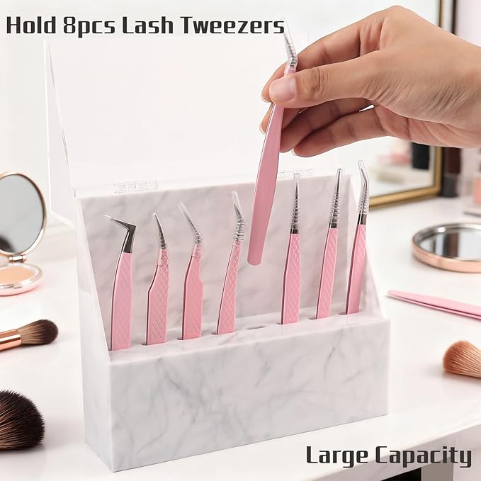 8 Holes Dust proof Tweezer Storage Rack,Acrylic Tweezer Display Stand Holder Eyelash Extension Supplies Lash Accessories Tools (Marble White)