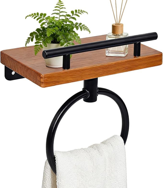 Stainless Steel Towel Ring Towel Rack Towel Holder with Wooden Shelf Rustic Towel Ring Wall Mount Heavy Duty Bath Towel Racks for Bathroom (Light Brown, 6.5'' x 6.5'')