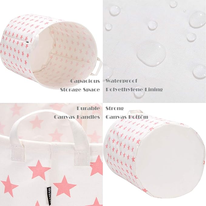Sea Team 19.7 Inches Large Sized Waterproof Coating Ramie Cotton Fabric Folding Laundry Hamper Bucket Cylindric Burlap Canvas Storage Basket with Stylish Stars Design (19.7", Pink Star)