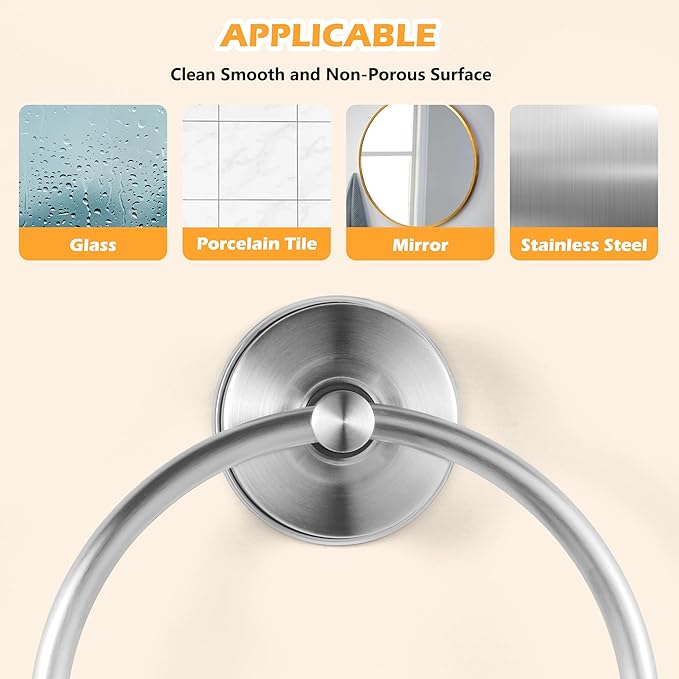 YOHOM Suction Cup Towel Ring Hand Towel Holder for Bathroom Vacuum Suction Washcloth Holder Dish Towel Hanger for Shower Wall No Drill Stainless Steel Brushed Finish, 1 PCS