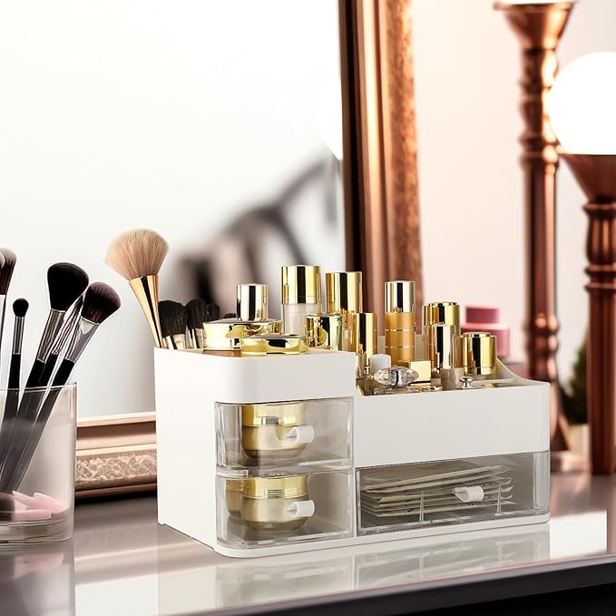 Makeup Organizer and Storage, Large Capacity Cosmetic Display Case with Drawer, Easy to Hold All of Your Makeup Products, Countertop Makeup Organizer for Skincare, Brushes, Lipstick
