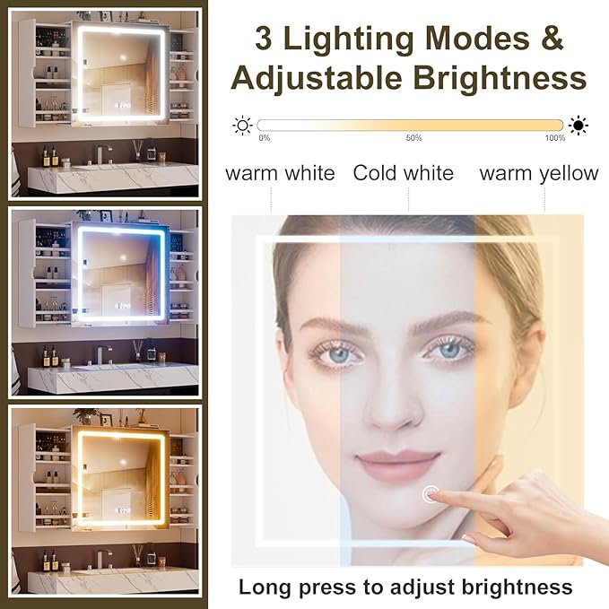 Led Lighted Bathroom Mirror Anti Fog Medicine Cabinet,Sliding Wall Mounted Bathroom Storage Cabinet,Medicine Cabinet with Storage and 3 Lighting Modes,White(Anti-Fog Mirror Cabinet with Light)