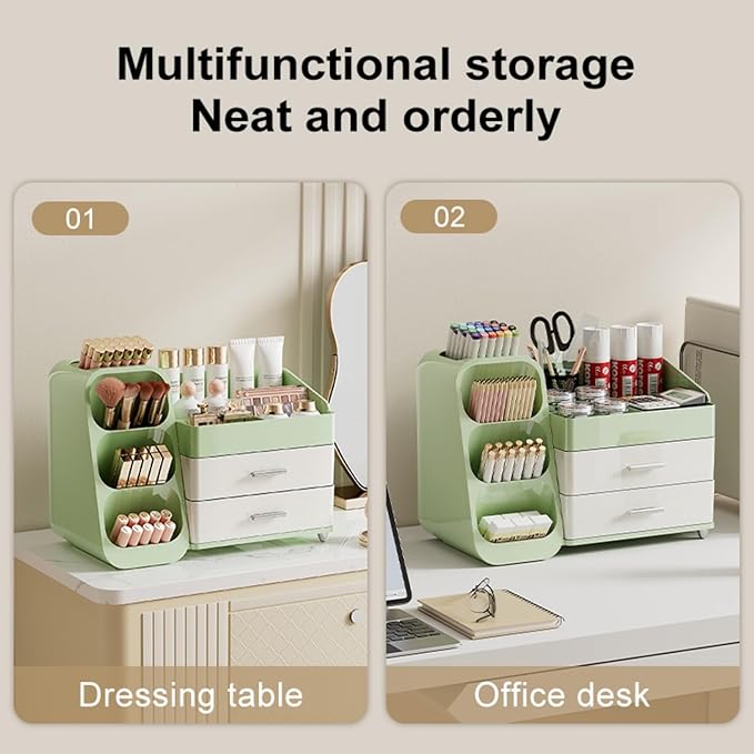 Makeup Organizer for Vanity, Large Capacity Cosmetic Display Case with Drawers, Countertop Beauty Storage Holder for Skincare, Brush Eyeliner Eyeshadow Lipsticks, Counter Desk, Cream Green