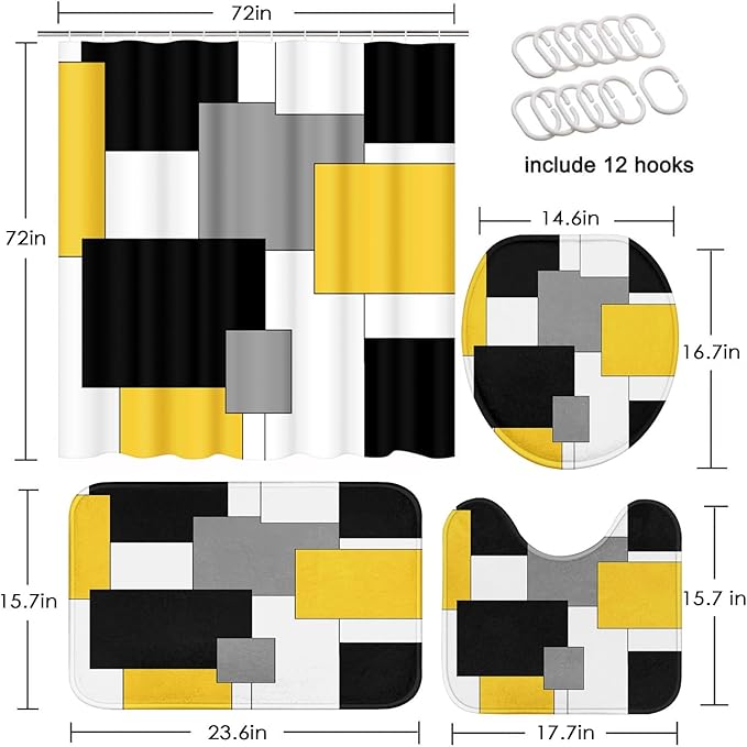 Yellow Geometric Shower Curtain Set with Toilet Lid Cover and Non-Slip Rugs for Bathroom, Black White Grey Checkered 4 Pcs Shower Curtain, Modern Abstract Bathroom Set with 12 Hooks