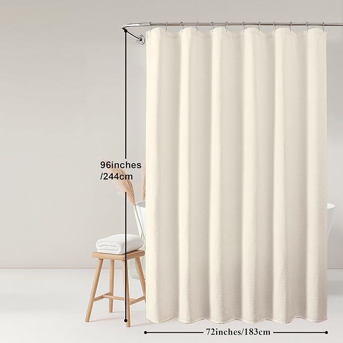 OWENIE Cream Shower Curtain 96 Inch Extra Long, Waffle Weave Textured Fabric Bathroom Curtains, Water Repellent Thick Soft Hotel Spa Luxury Elegant Bath Curtain, Machine Washable, Cream, 72x96 Inch