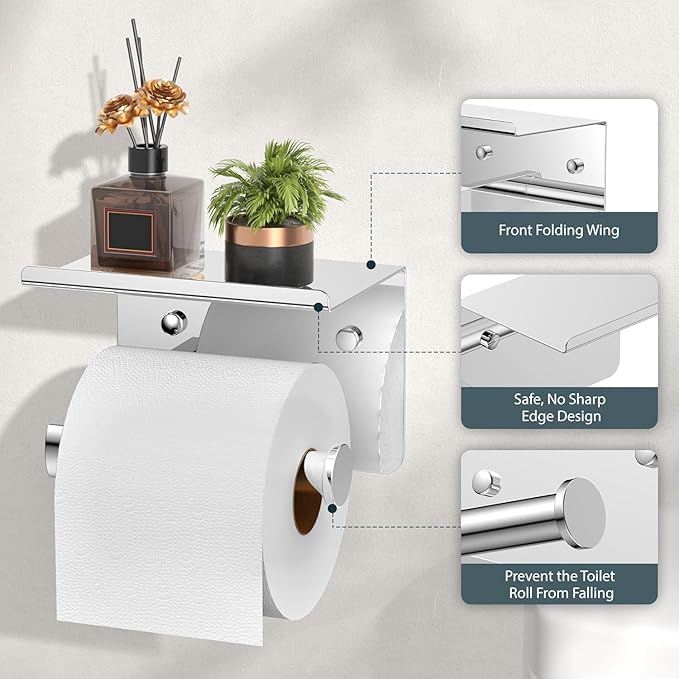 FORIOUS Bathroom Hardware Accessories Set, SUS304 Stainless Steel 24 Inch Towel Bar Set Wall Mounted, Modern Toilet Paper Holder with Shelf for Bathroom, 5 Pieces, Chrome