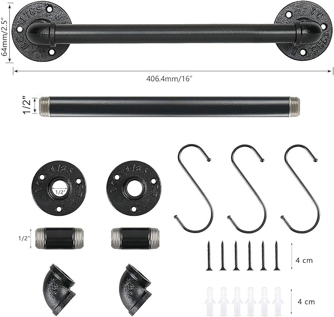 Industrial Pipe Towel Rack Towel Bar, Heavy Duty Wall Mounted Rustic Farmhouse Bath Towel Holder for Bathroom (Black, 16 inch)