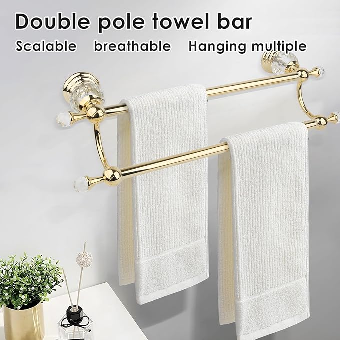 Double Crystal Towel Holder Adjustable Gold Towel Bar 14 to 25 Inch, Towel Rack Rail for Bathroom Wall Mounted