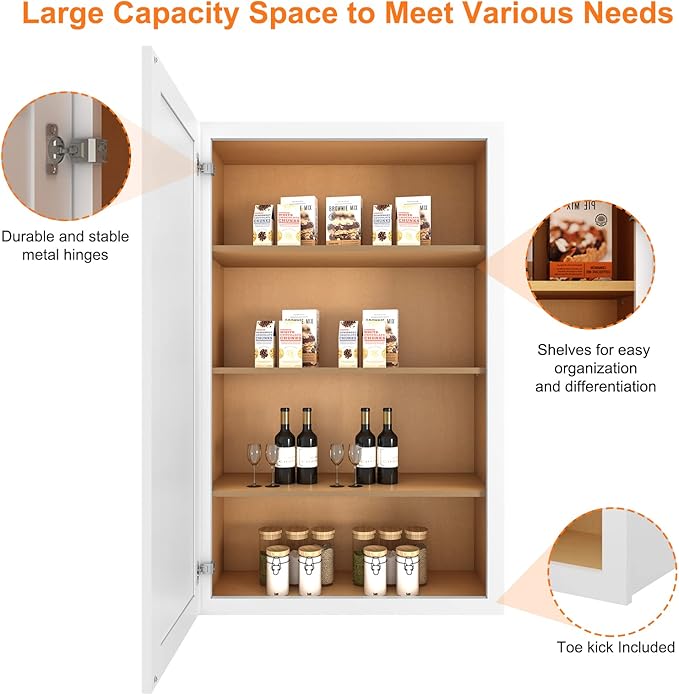 ROOMTEC Wood Wall Cabinet,RTA Single Door Medicine Cabinet with Adjustable Shelves and Soft-Close Door for Kitchen, Bathroom, and Laundry. 12" D*21" W*42" H, Traditional White