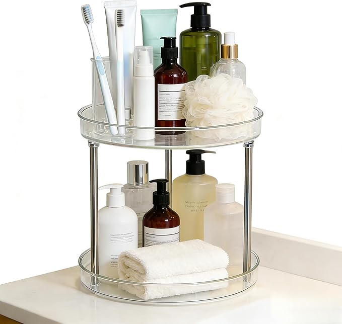 Clear Resin Cosmetic Two Tier Organizer Lazy Susan Organizer, Large Capacity Kitchen Spice Skin Care Perfume Display for Kitchen Bathroom Vanities