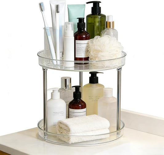 Clear Resin Cosmetic Two Tier Organizer Lazy Susan Organizer, Large Capacity Kitchen Spice Skin Care Perfume Display for Kitchen Bathroom Vanities