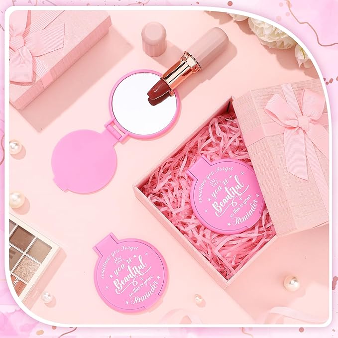 36 Pcs 2.76 Inch Inspirational Compact Mirror Bulk Women Small Gifts Graduation Party Favors Purse Mirror Pocket Mini Stuffer Items for Adult Coworker Cheerleader Employee (Pink)