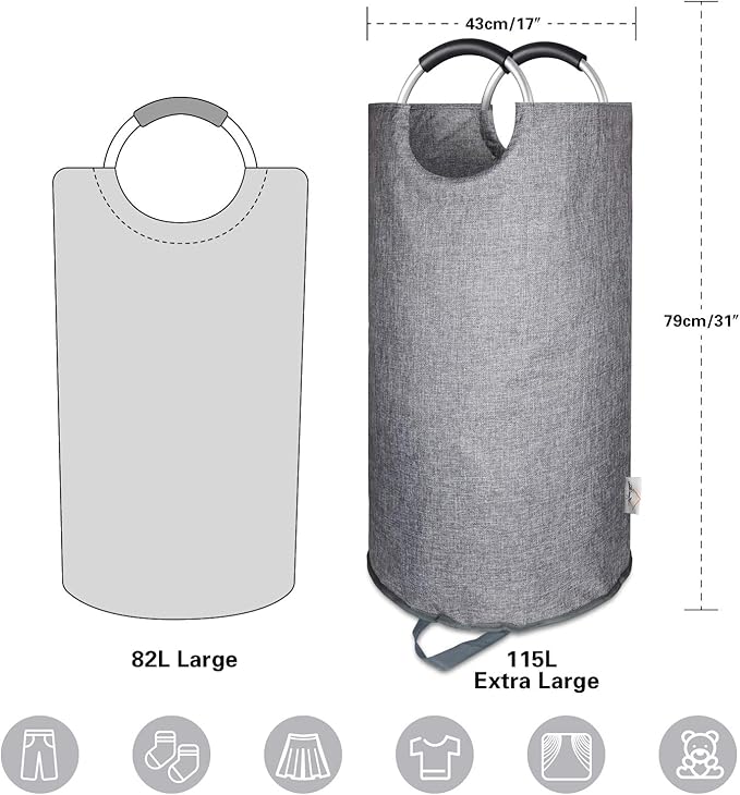 Heavy Duty Large Laundry Hamper Bag Collapsible, Tall Laundry Basket with Sturdy Handles, Fabric Dirty Clothes Bin for Laundry, College Dorm, Boys, Man, Durable Two-Layer - Grey