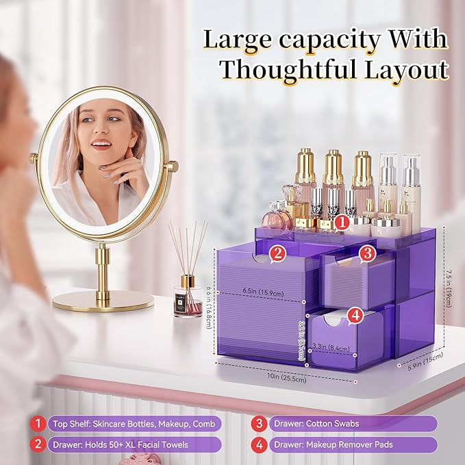 Youdepot Acrylic Face Towel Holder with Drawer – 4-Layer Disposable Face Towel Holder Organizer Box – Bathroom Countertop Storage for Cotton Pads, Swabs, and Skincare (Purple)