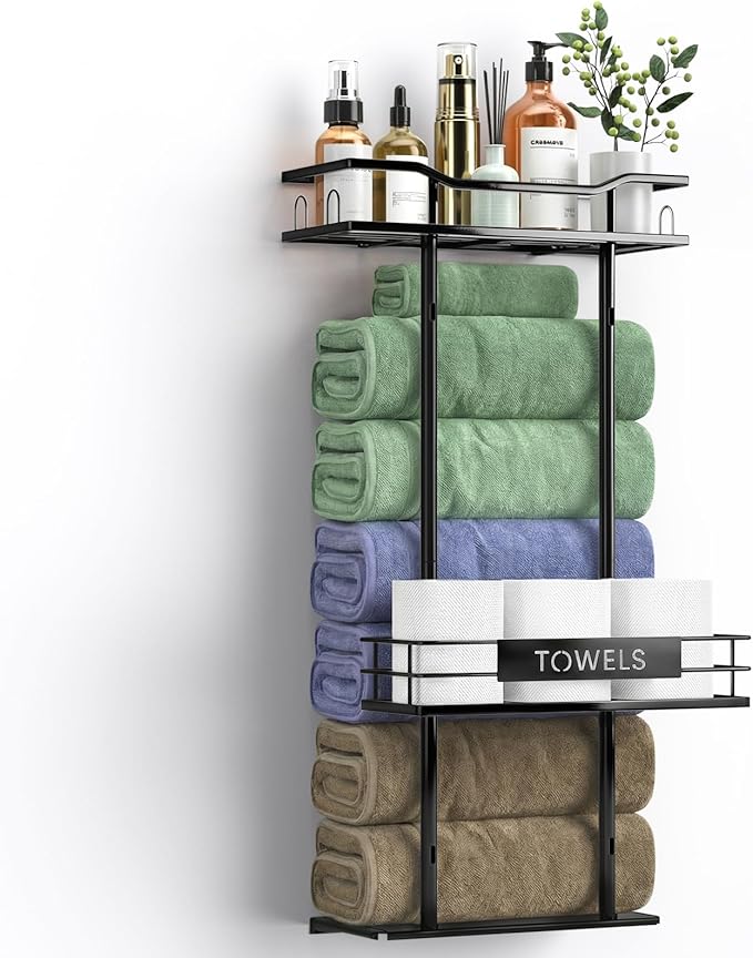 Towel Racks for Bathroom, 30inch Wall Mounted Towel Rack, Towel Storage for Small Bathroom Can Holds 6 Large Towels, Floating Shelf with Adjustable Tissue Basket(Black).
