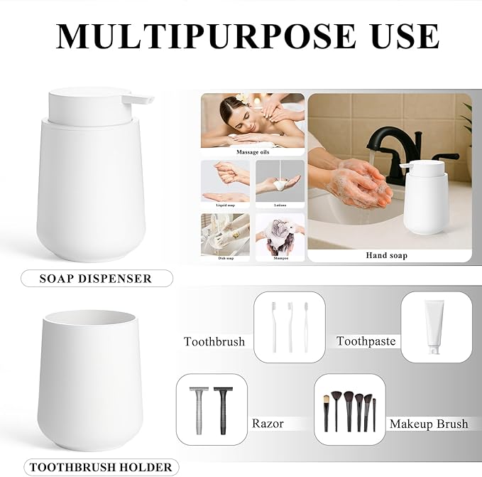 Matte White Bathroom Accessories Set Plastic Hand Soap Dispenser and Toothbrush Holders 2 Piece