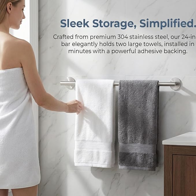 24 Inch SUS304 Stainless Steel Brushed Nickel Command Towel Bars - Self Adhesive Towel Holder for Bathroom Wall and Kitchen and Showroom Inside, Bathroom Organizers and Storage