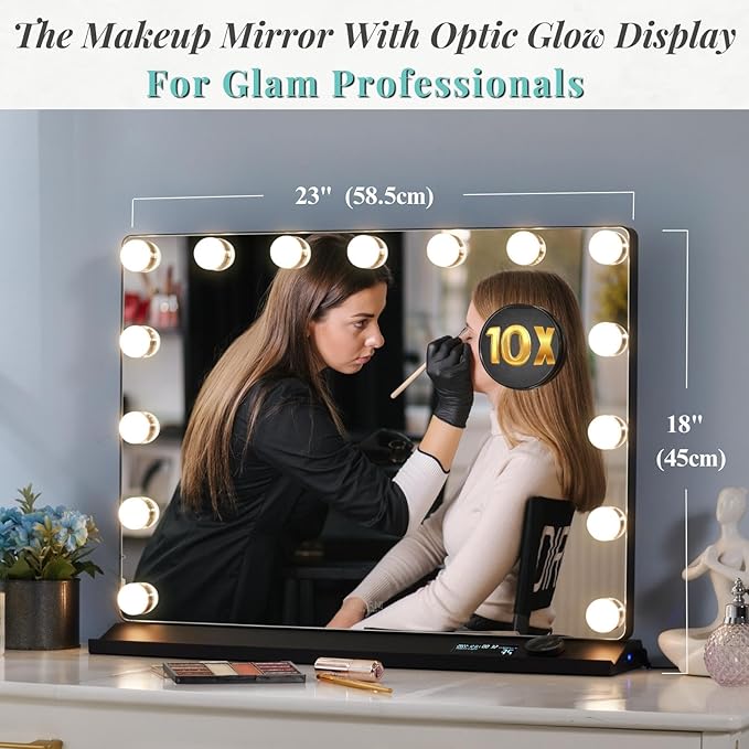 LUXFURNI Vanity Mirror with Lights, Makeup Mirrors Hollywood Mirror with 15 LED Bulbs, 3 Colors Modes & Adjustable Brightness, 10x Magnification, USB Charging (23"x 18")