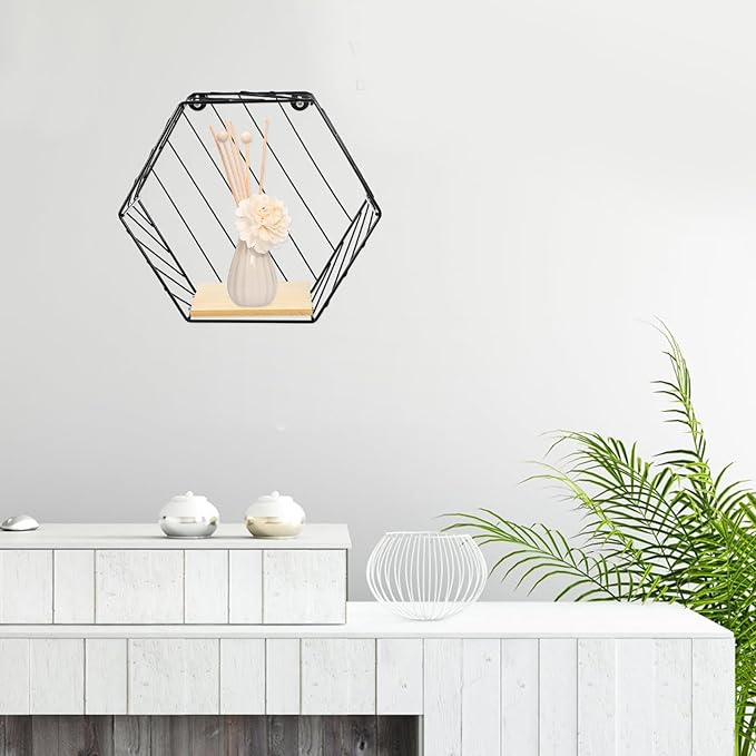 FOMIYES Wall Storage Shelf Iron Rack Black Hexagon Multi-Functional Wall-Mounted Shelf for Bathroom Kitchen Living Room Storage Organization