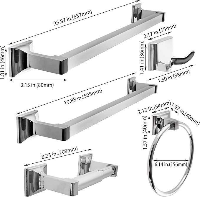 SENTO Cellar Classic Bathroom Accessories Set, Heavy Duty Metal Bath Hardware Set Wall Mounted, Includes Robe Hook, Toilet Paper Holder, Towel Ring, 18” & 24” Towel Bar (5-Piece, Polished Chrome)