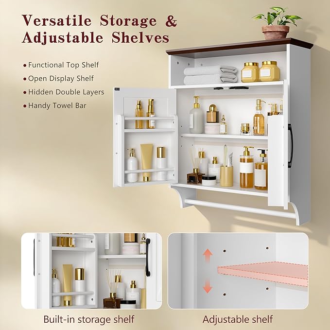 VECELO Bathroom Wall Cabinet with Motion Sensor LED Light, Farmhouse Medicine Cabinets with Open and Hidden Storage Space, Wall Mounted Storage Cabinet with Towels Bar for Bathroom, Kitchen, White