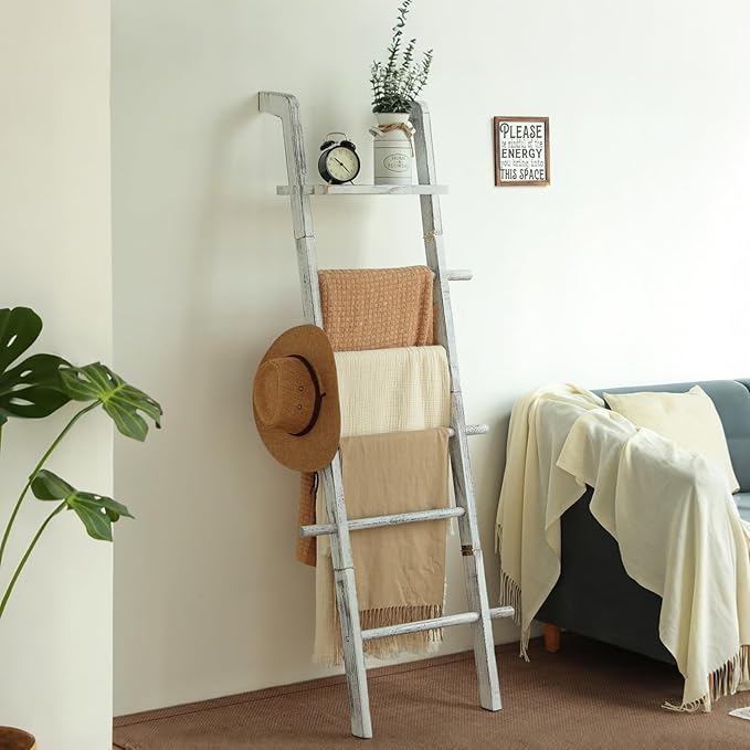 Taozun 67-Inch Farmhouse Blanket Ladder with Shelf and Hooks, 5-Tier Wooden Wall Leaning Towel Quilt Rack Holder for Living Room Decor