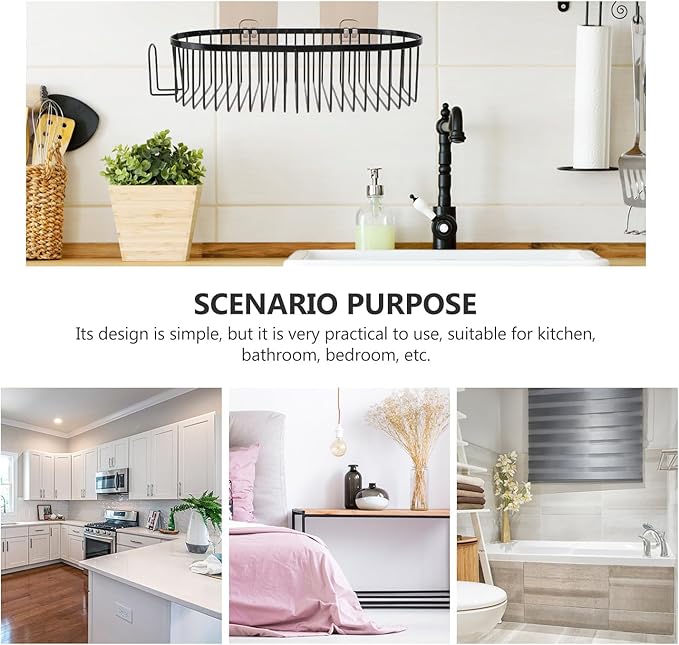 Punch-Free Iron Oval Bathroom Storage Rack, Wall-Mounted Hanging Basket with Drainage, Black Multifunctional Household Shelf for Bathroom and Kitchen Organization