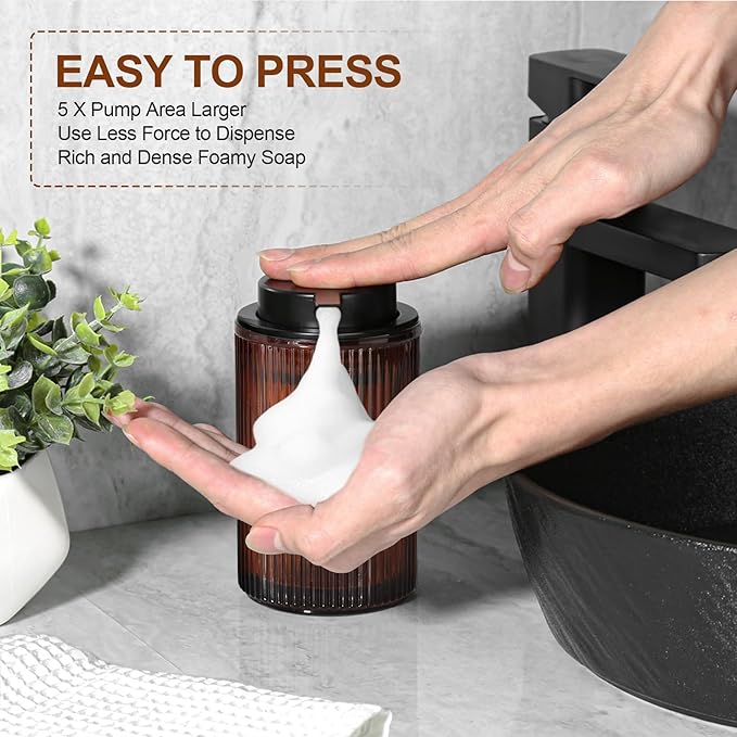 KASUNTING Amber Glass Foaming Soap Dispenser, Ribbed Foam Hand Soap Dispenser for Bathroom, 11 Fl Oz 2 Pack Refillable Foaming Pump Bottle with Black Pump, Modern Dish Soap Foam Dispenser