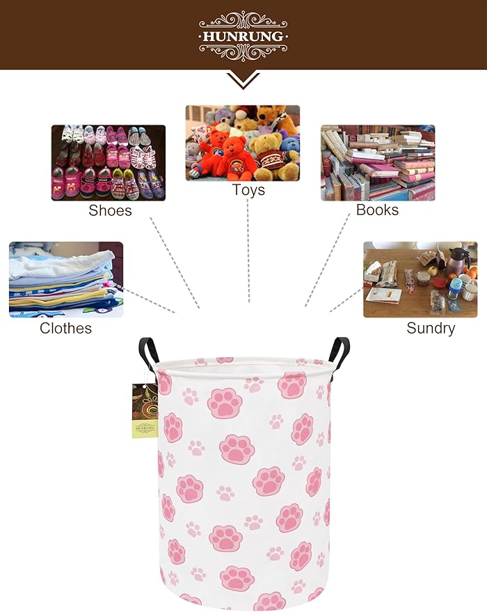 HUNRUNG Laundry Hamper,Large Canvas Fabric Lightweight Storage Basket Toy Organizer Dirty Clothes Collapsible Waterproof for College Dorms???Round-Pink Paw???