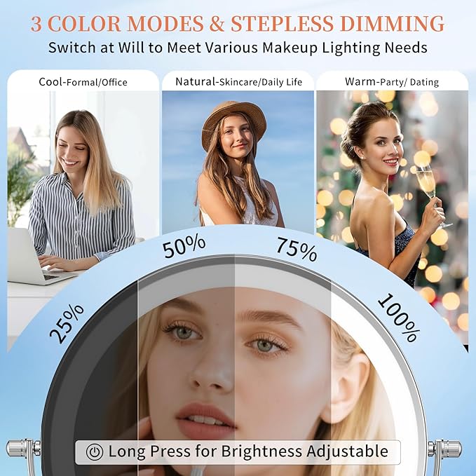 FUNTOUCH 5000mAh Rechargeable Wall Mounted Makeup Mirror with Lights, 9" Double Sided 1X/30X Magnifying Mirror with Dimmable 3 Color Light, Extended Swing Arm 360° Wall Mount Bathroom Mirror,Chrome