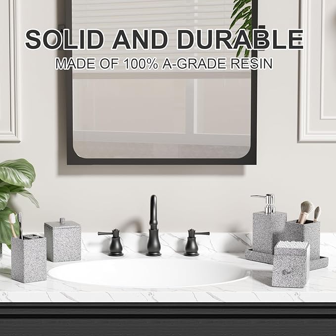 Gray Bathroom Accessories Set Resin 6PCS, Square Toothbrush Holders Set Complete with Soap Dispenser, Vanity Tray, Tumbler, Cups and Cotton Swab Jars for Counter, Sink or Small Spaces