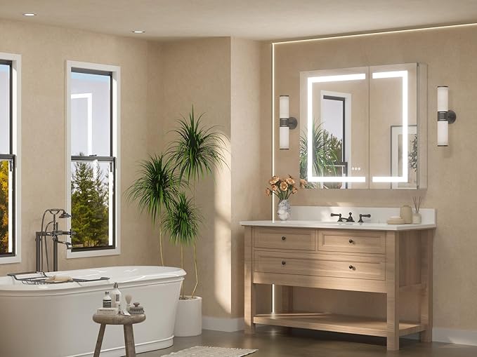 TETOTE 36 x 32 LED Lighted Bathroom Medicine Cabinet with Lights, 2 Door Recessed or Surface Mount Led Mirrored Medicine Cabinet, Tempered Glass, Outlets & USB, Adjustable Shelf, 3-Color Lights