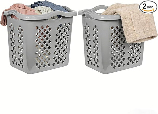 (2-Pack) 2 Bushel Plastic Laundry Baskets with Handles, Featuring Ventilation Design. Suitable for Laundry and Storage. Applicable to Bedrooms, Bathrooms, Dormitories. Convenient to carry. (Grey)