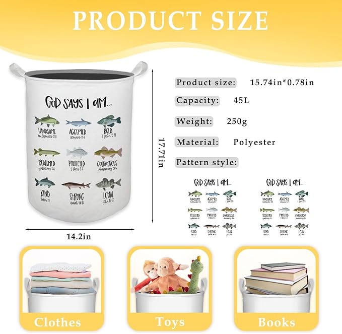 God Says I Am Fish Laundry Basket, Toybox for Boys Room, Christian Laundry Basket Hamper Waterproof Collapsible Clothes Toys Storage Bin Organizer for Bedroom Bathroom Kids Room Dorm