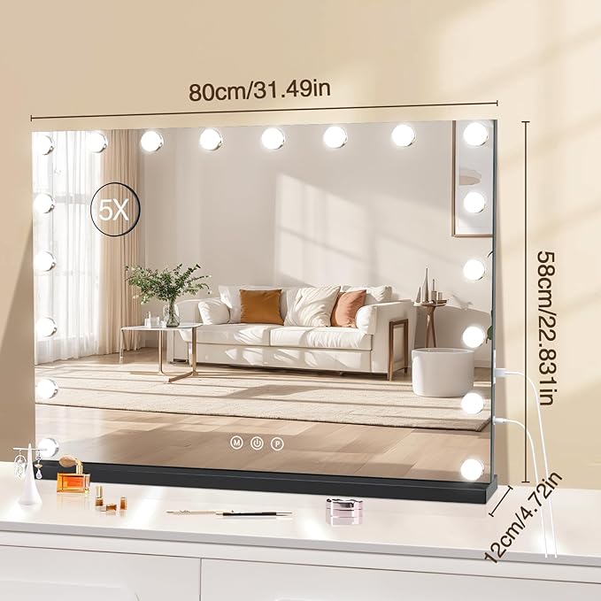 halumao Vanity Mirror with Lights, 31.5" x 23.6" Large Makeup Mirror with LED Lights, Smart Touch Dimmable 3-Color Light, Memory Function, USB Charging Port Gold