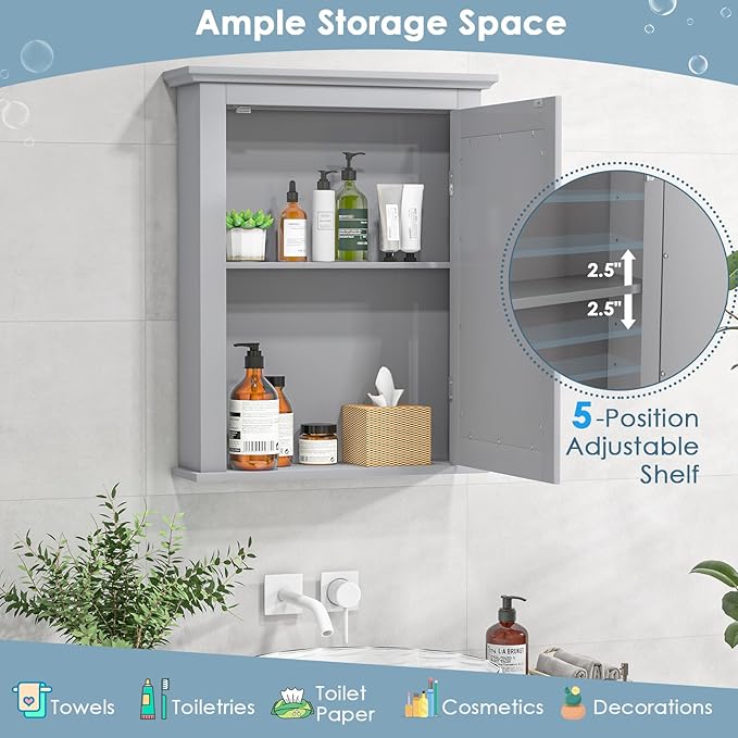 COSTWAY Bathroom Medicine Cabinet with Mirror, Wall-Mounted Storage Cabinet Organizer with 5-Position Adjustable Shelf, Hanging Bathroom Wall Cabinet for Living Room Bedroom Entryway (Grey)