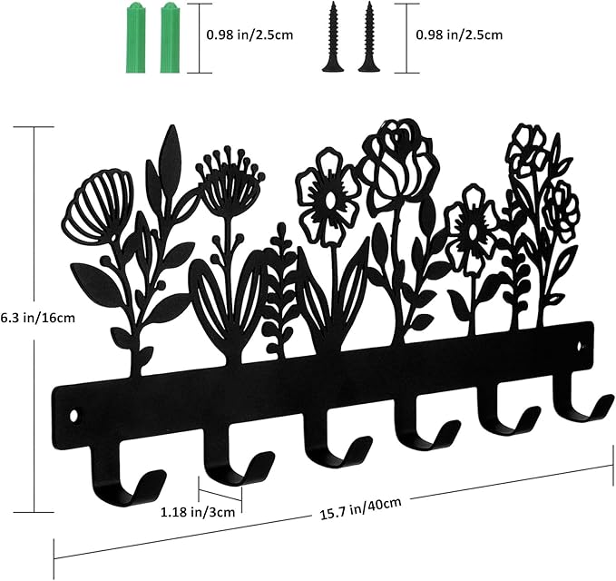 16 Inches Towel Rack Wall Mounted with 6 Hooks, Black Metal Key Hanger Keychain Holder for Entryway Front Door Hallway Mudroom, Waterproof Rustproof Kitchen Bathroom Organizer Home Decor