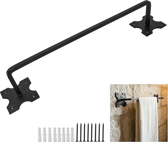 Mystic Colonial Cast Iron Towel Bar � 20 Inch Hand-Forged Rustic Wall Mounted Metal Rack for Bathroom, Kitchen, or Entryway � Vintage Black Heavy-Duty Towel Holder