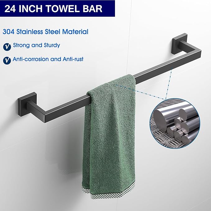 Bathroom Hardware Set Matte Black 23.6-Inch Towel Bar,2pcs Towel Hook,Toilet Paper Holder,Hand Towel Holder Stainless Steel Bathroom Accessories GTS3190B…