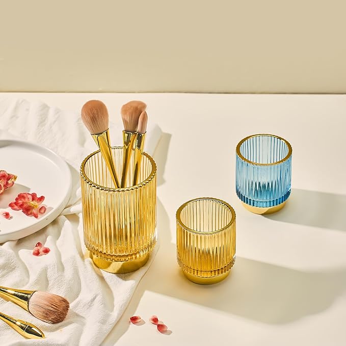 Makeup Brush Holder Organizer,Toothbrush Holders,Desk Pen Pencil Holder,Multifunctional Vintage Glass Brush Cup（S+L/Gold/A3-2-US）