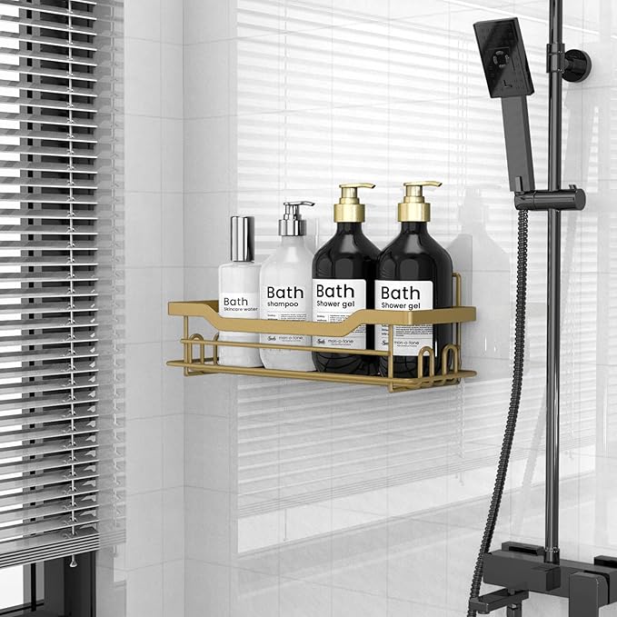 Shower Caddy Shelves Organizer Rack, Single Pack Shower Shelf, Caddies for Shampoo Soap Bathroom Waterproof Adhesive Holder, No Drilling Wall Mounted Self, Matte Gold