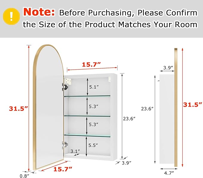 FKWin Arched Gold Bathroom Medicine Cabinet with Mirror, Left or Right Opening, Bathroom Mirror with Storage, Surface Mount Medicine Cabinet not Recessed, Gold, 15.7x31.5 inch