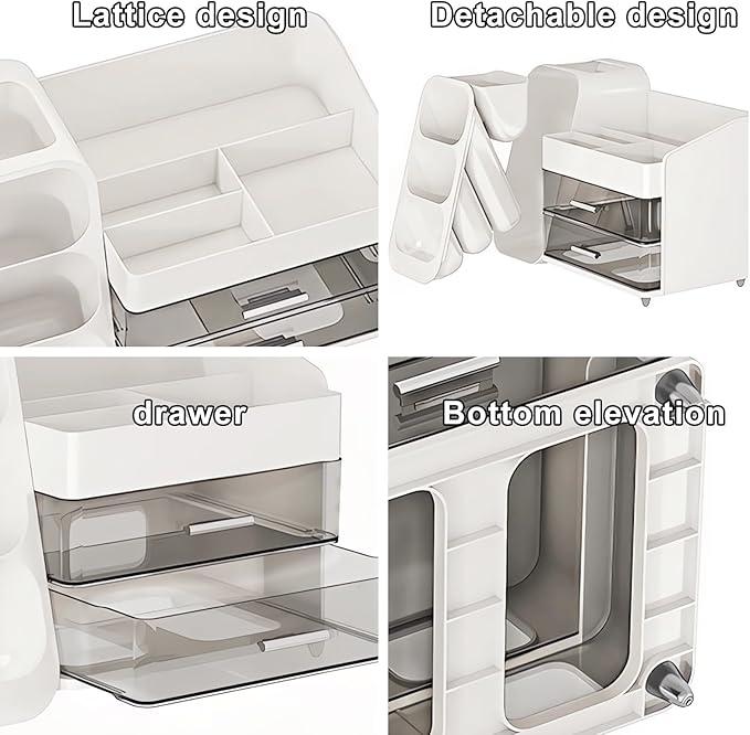 DASITON Makeup Organizer with Brush Holder for Vanity, Bathroom Countertop Organizer with 2 Drawers, Large skincare storage organizers for perfume, lipstick, Nail Polishes and Beauty Essential (White)