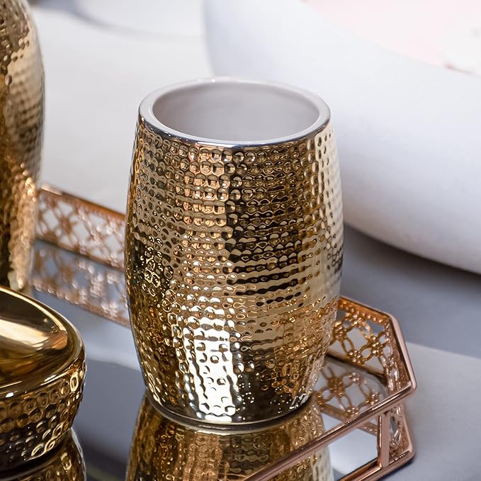 Gold Bathroom Accessory Set - 3 Piece Decorative Ceramic Bathroom Accessories Sets with Lotion Soap Dispenser, Toothbrush Holder/Tumbler and Soap Dish, Golden Gift Set for New Home Decor