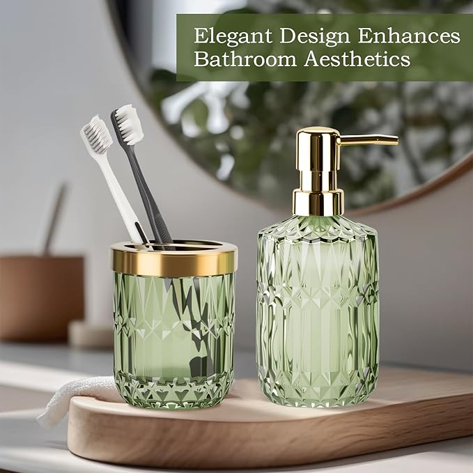 Glass Bathroom Accessories Set, 2PCS Clear Glass Bathroom Accessory, Toothbrush Holder and Soap Dispenser Set for Modern Bathroom Decor(Green)