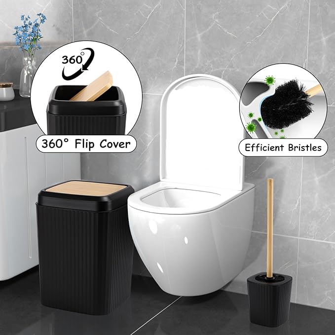 23 Pcs Bathroom Set with Shower Curtain and Rugs Black Bathroom Accessory Set, Shower Curtain with Liner, Memory Foam Bathroom Rugs, Toilet Brush, Trash Can, Soap Dispenser, Countertop Set