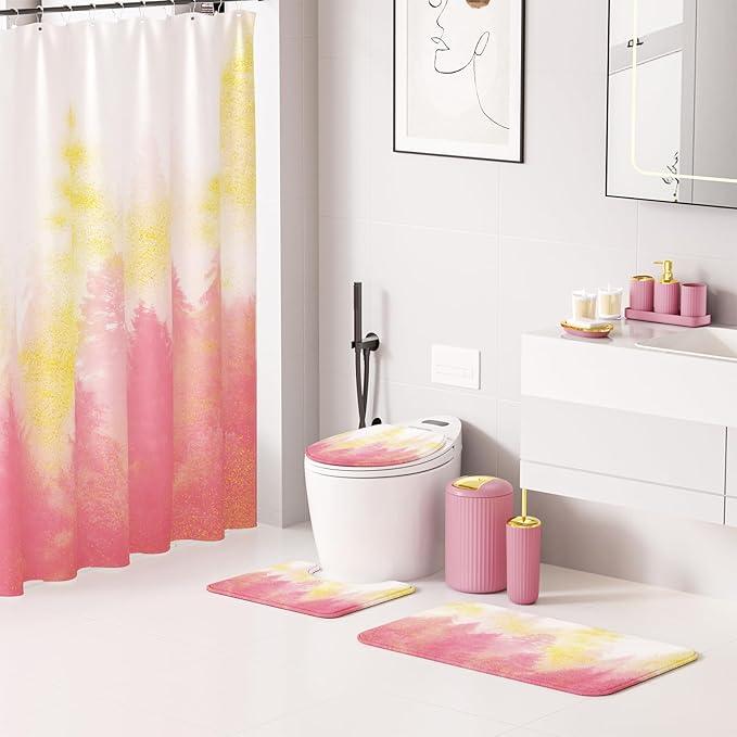 Pink and Gold Bathroom Accessories, Bathroom Sets with Shower Curtain and Rugs, Bath Rugs Accessory Set with Bathroom Trash Can, Soap Dispenser, Soap Dish for Home Decor